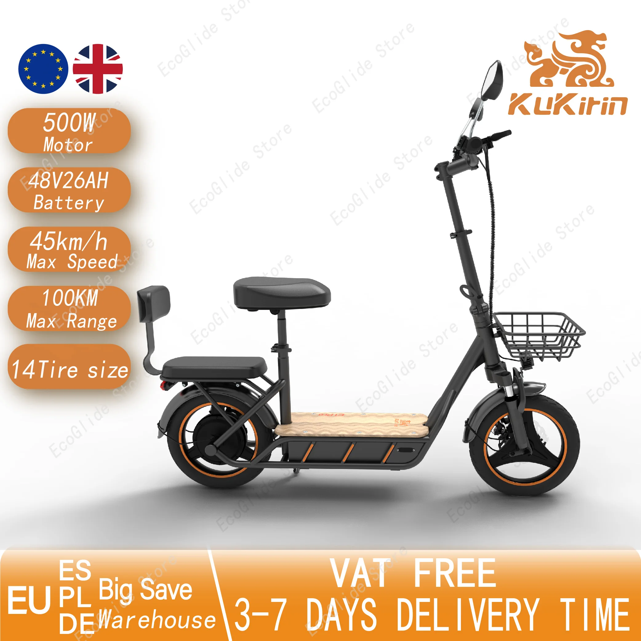 KuKirin C1 Pro Scooter elettrico 500W Motore 48V 26Ah Batteria 45 km Velocità massima con sedile 14" Pneumatico Scooter elettrico