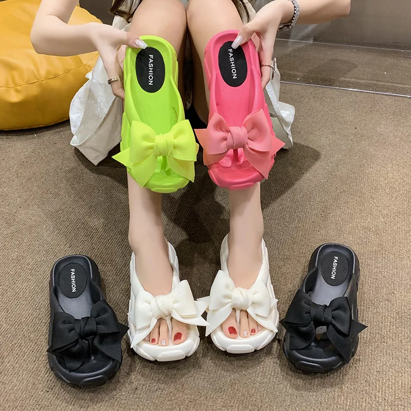 

2023 Summer Outer Wear Flip Flops Women's Fashion Candy Colour Bowknot Slippers Soft Bottom Non-slip Slippers Sandalias De Mujer