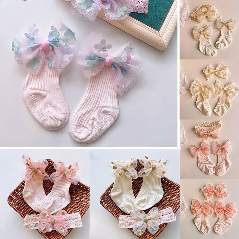 

2Pcs Baby Bow Headband Socks Set Toddler Boys Girls Lace Print Bowknot Elastic Hairband Turban Solid Soft Sock Kids Accessories