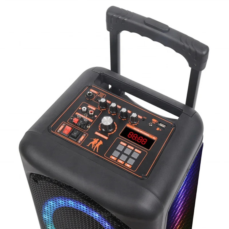 듀얼 8 인치 6000W 야외 레버 트롤리, 오디오 가라오케 파티 박스, RGB 블루투스 스피커, EQ 다채로운 LED 라이트 링, 마이크 리모컨 포함