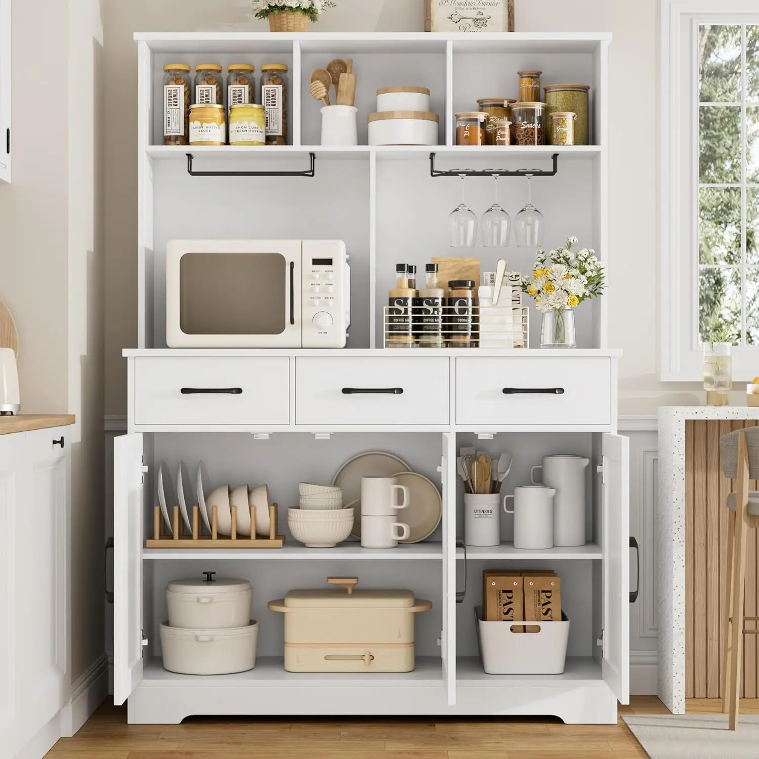 Buffet Cabinet with Hutch Modern Farmhouse Kitchen Buffet Sideboard Storage Cabinet with 3 Drawers Barn Door Coffee Ba HOSTACK