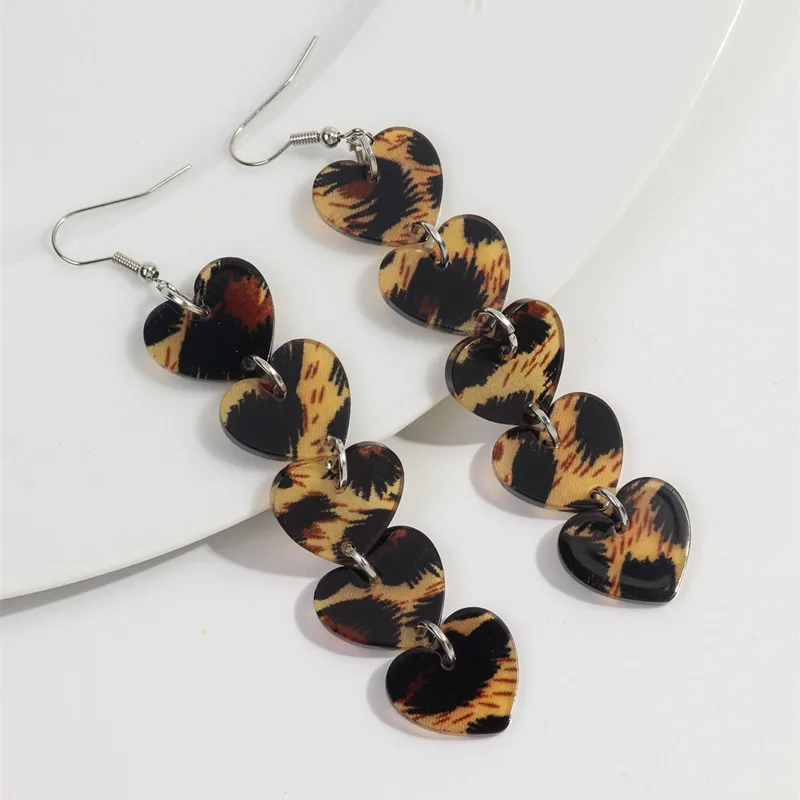 Orecchini Pendenti A Cuore Leopardo Acrilico Per Ragazze E Donne - Gioielli Moda San Valentino Coppie