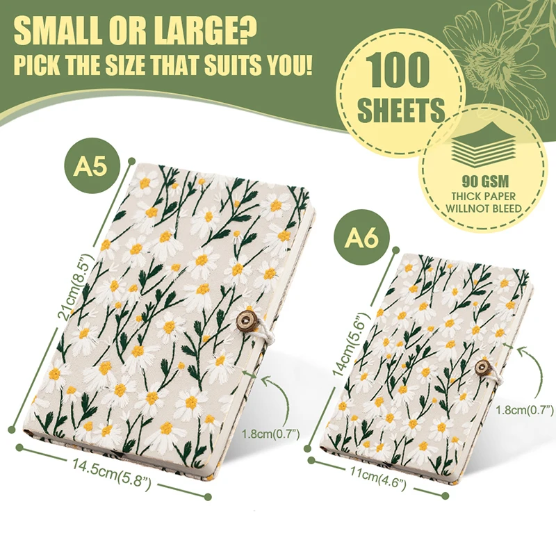 Leather Notebook A5 A6 Fabric Embroidery Notebook 100 Sheets/200 Pages with Bookmark and Botton 90GSM Paper