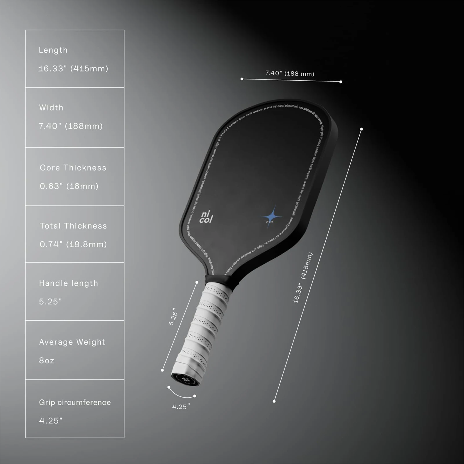 Nicol P-One Pickleball Paddle Carbon Fiber USAPA Approved Elongated Handle Paddle Face Upgraded Non-Slip Grip No Gift Box