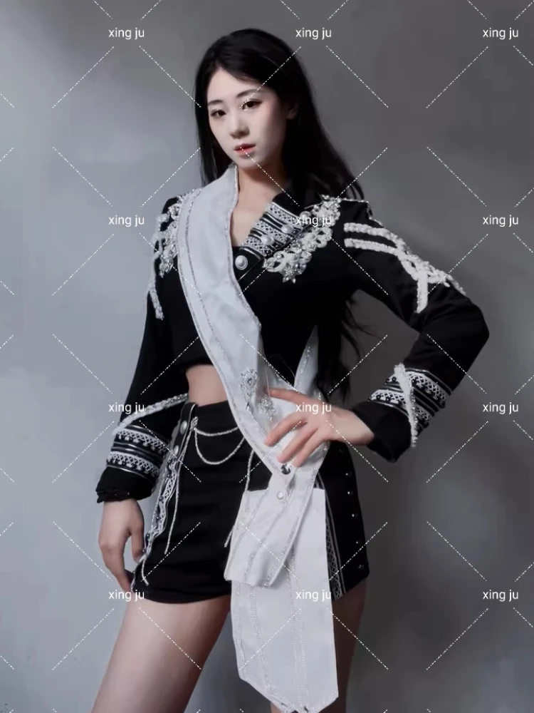 Sexy Kpop Outfits Korean Singer Costume Black Short Coats Tight