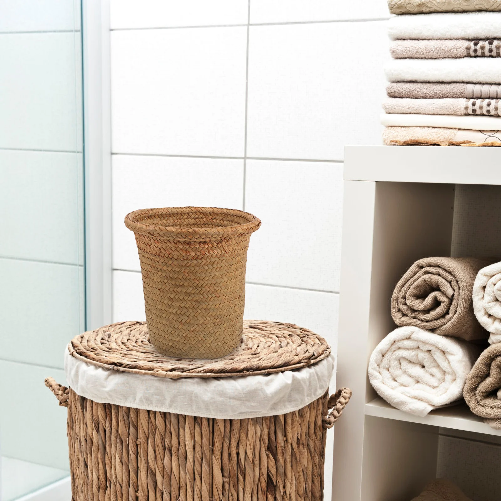

Seagrass Planter Basket Round Woven Waste Basket Rattan Trash Baskets Garbage Bin Basket Water Hyacinth Basket Bathroom