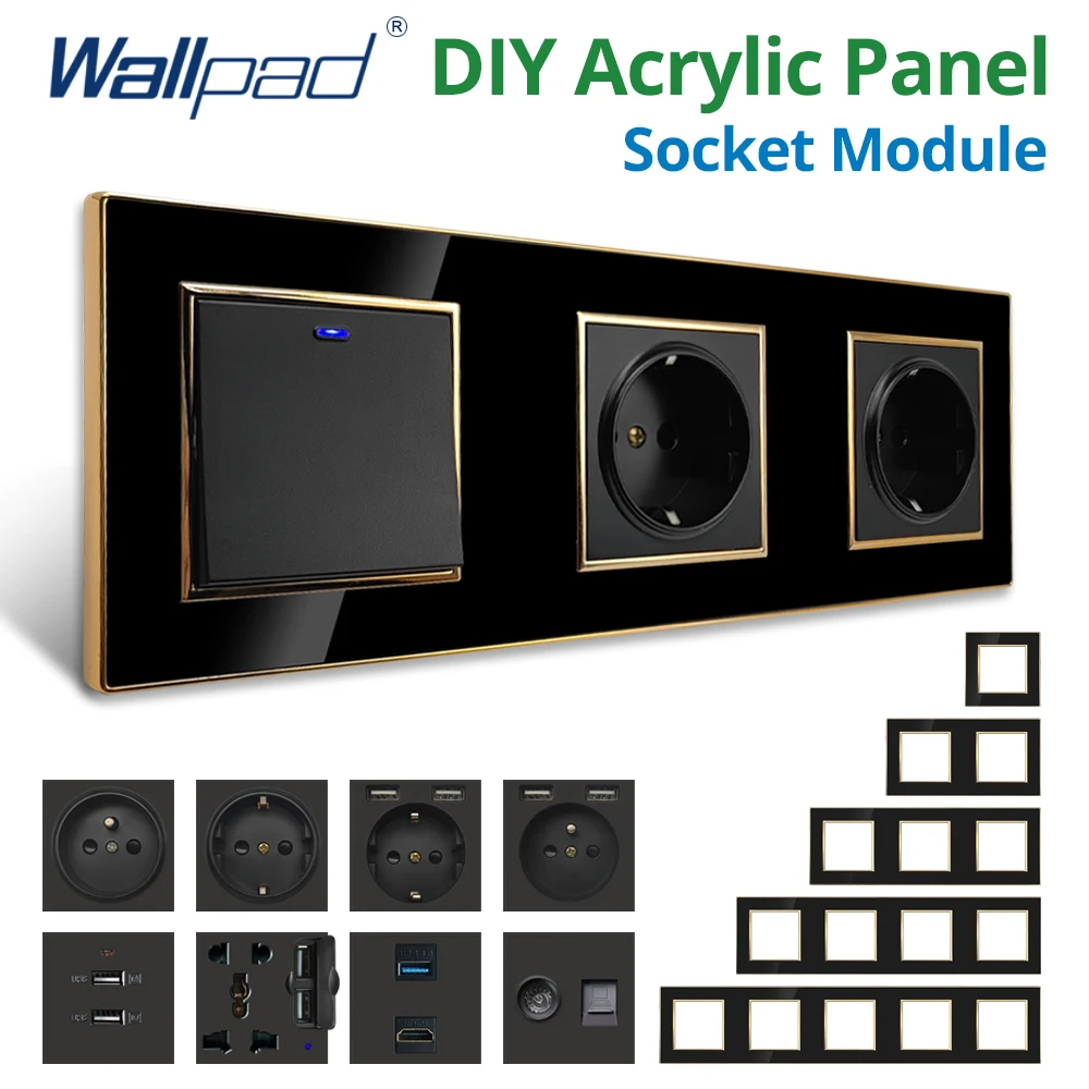 Wallpad สีดํา DIY โมดูลแผงอะคริลิค Gold Border Wall Power Socket ปลั๊กไฟฟ้า S6 ฟังก์ชั่นคีย์ฟรีผสม 1