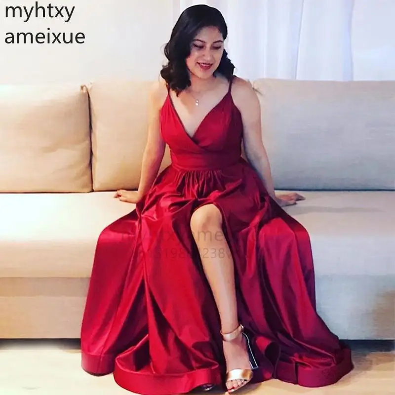 

Long Sexy V-neck Event Evening Dress Spaghetti Straps Front Split Satin Formal Party Gown Wine Red Special Robe De Soiree