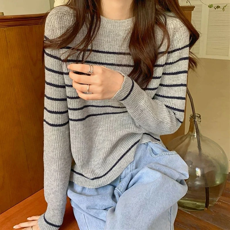 

Biyaby Striped Long Sleeve Knitwear Women 2023 Autumn Lazy Style Loose Knitted Pullovers Woman Casual O-Neck Knit Jumper Tops