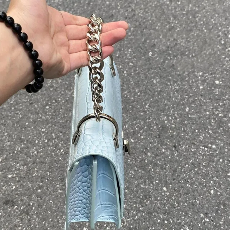 Hot Girl Blue Chain Handbag Women Faux Crocodile Pattern Square Large Capacity Shoulder Bags Ladies High End Y2k Crossbody Bag