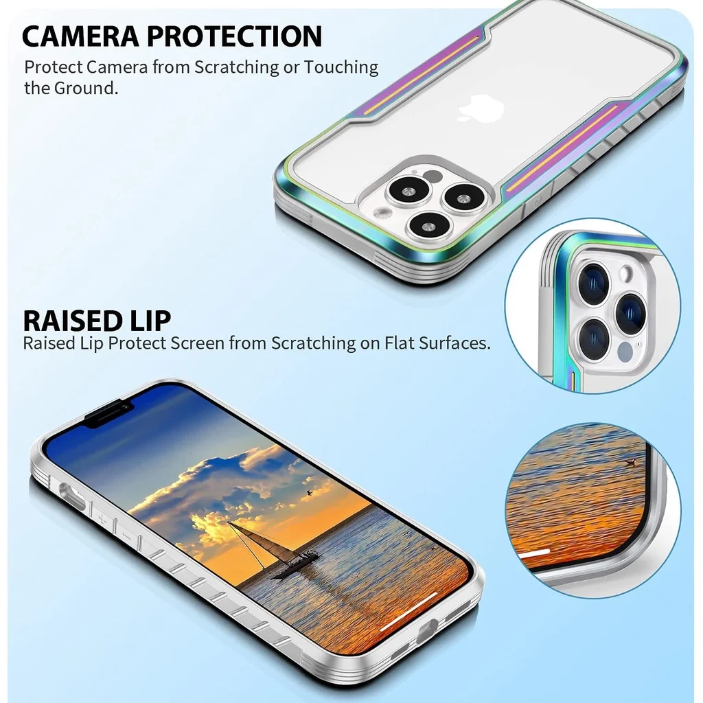 Designed For iPhone 14 Pro Max 13Pro Max Military Grade Metal Frame + Flexible TPU + PC Edge Shockproof 14 Plus Back Clear Cover