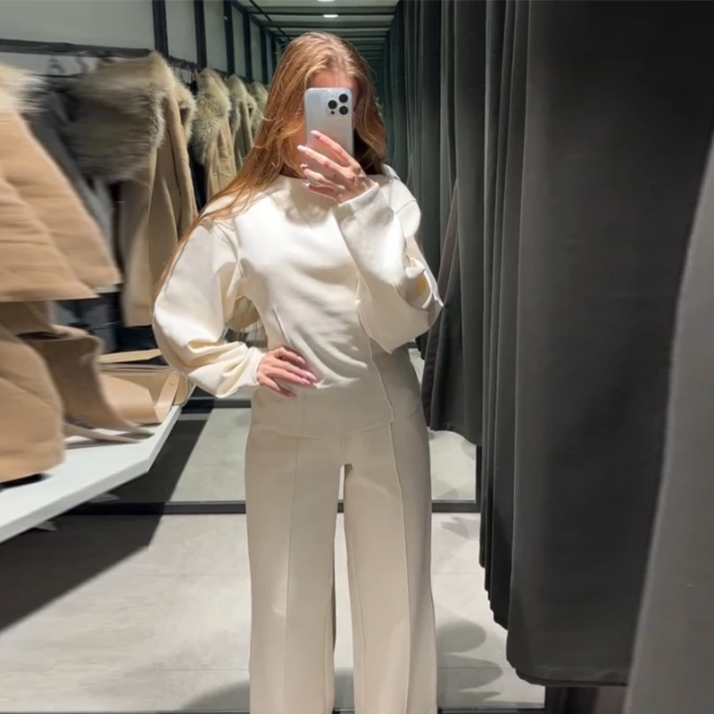 Casual Women's 2-piece Solid Pants Sets Long Sleeve O-neck Sweatshirts Wide Leg Pleated Trousers Autumn Lady Lazy Tracksuit