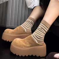 Mules compensées en daim pour femme, bout rond, semelle épaisse, doublure en coton, sabots chauds, mules décontractées à talon compensé, chaussures rehaussantes 1