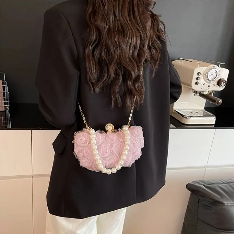 Elegant Evening Clutch Bag Women's New Satin Flower Pearl Chain Handbag Shoulder Ladies Party Banquet Crossbody Bag