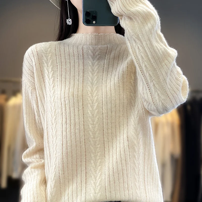 

Autumn Winter New100% Wool Sweater Women's Round Neck Hollow Pullover Fashion Loose Knitted Bottom Sweater Cashmere Jacquard Top