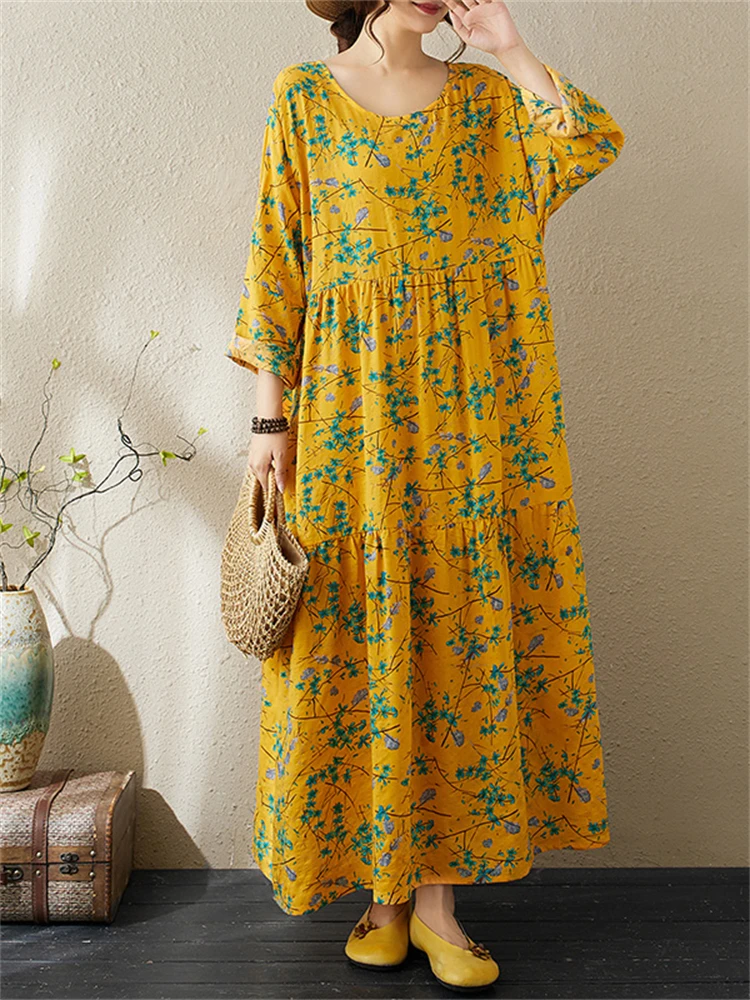 Cotton Vintage Print Dresses Women 2025 Spring Autumn Casual Loose Long Sleeve Yellow Dress Femme Robe Vestidos Fashion Clothing