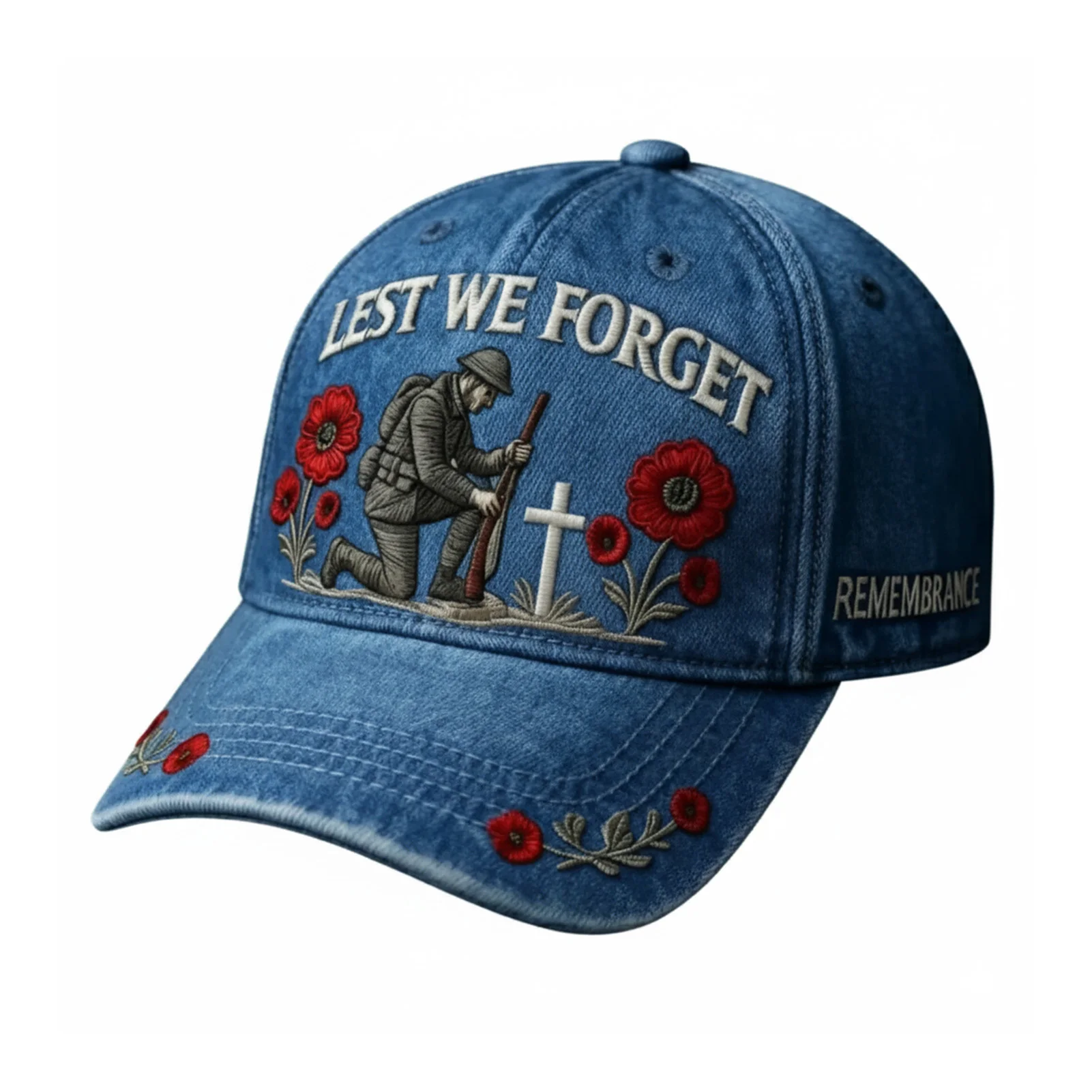 Helden-Gedenkmütze mit 3D-gesticktem Soldatenkreuz und Mohn, verstellbare Baseballkappe für Veteranen, Erinnerung, patriotisches Geschenk – Detail 6