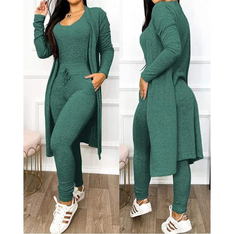 Women Drawstring Pocket Design Sleeveless Jumpsuit with Long Sleeve Coat Set Party Fashion Femme Lady U-Neck Skinny Jumpsuit