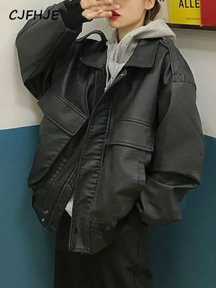 CJFHJE Streetwear Oversize Black Leather Jacket Women Fashion Pu Zipper Biker Jacket Female Loose Warm Pocket Faux Leather Coat