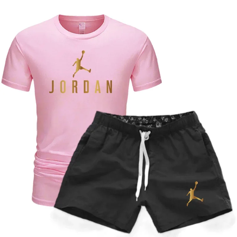 Summer men's fitness fashion men's casual sportswear set, quick drying sportswear short sleeved T-shirt+shorts 2-piece set