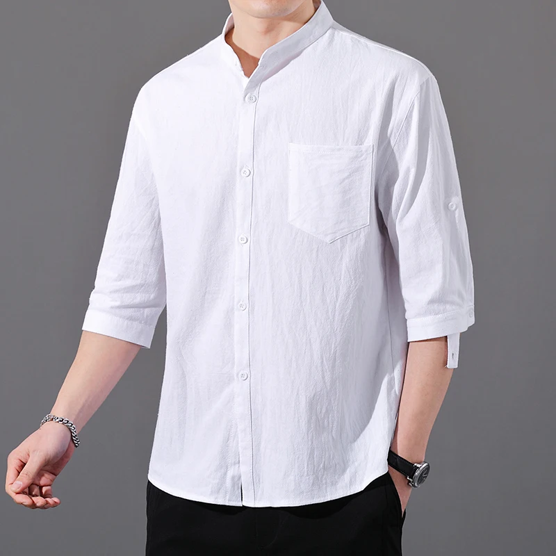 Three Quarter Sleeve Shirts Summer Cotton Linen Men's Solid Color Stand-Up Collar Casual Beach Style Shirt Tops
