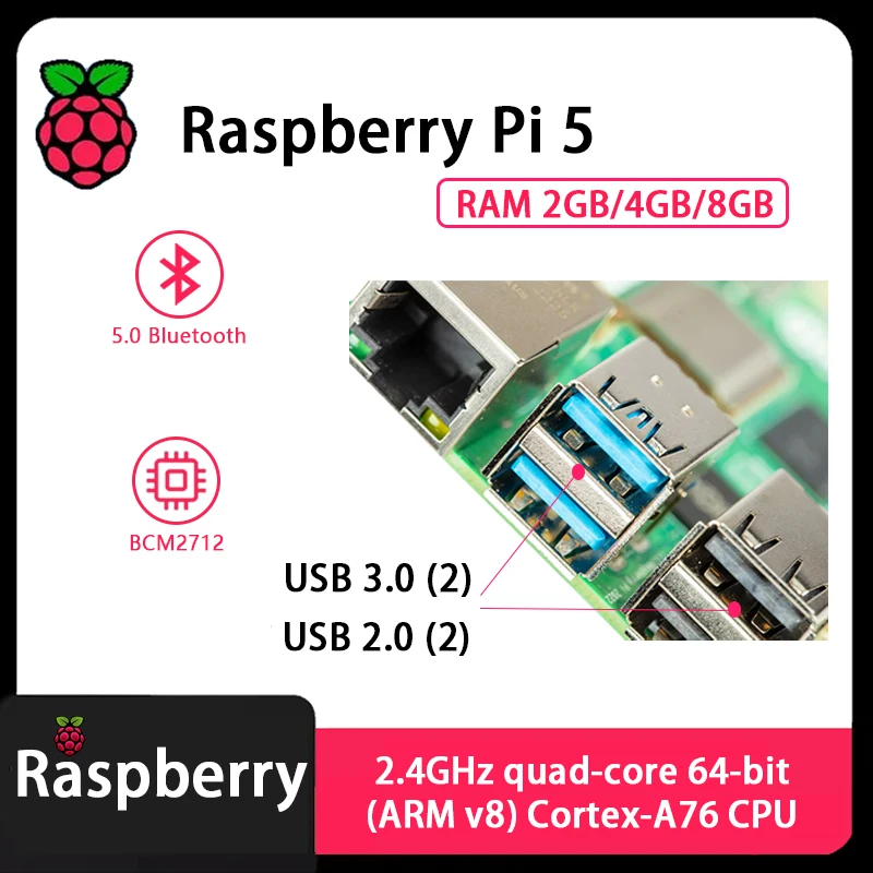 Raspberry Pi 5 Cortex-A76 Linux 2GB 4GB 8GB Arm Board Python programlama PCIe Gigabit Ethernet USB3.0