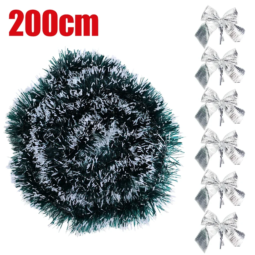 thumbnail image 1 of Guirnalda de cintas navideñas, guirnalda de espumillón verde escarchado, serpentinas de pino con lazos, guirnalda colgante para árbol de Navidad, decoraciones para fiestas, 1 of 5