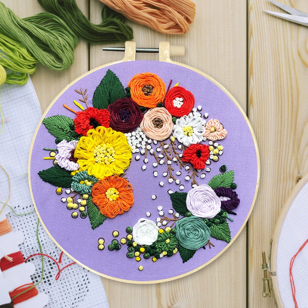 Flower Stamped Cross Stitch Embroidery Kits with Hoop Cloth Color Thread