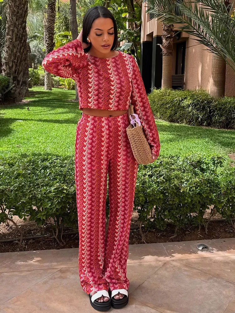 Crochet Knitting Pant Sets 2 Pieces For Woman Outfits 2025 New Fashion Long Sleeve Top Women's Suit Casual Two Pieces Set