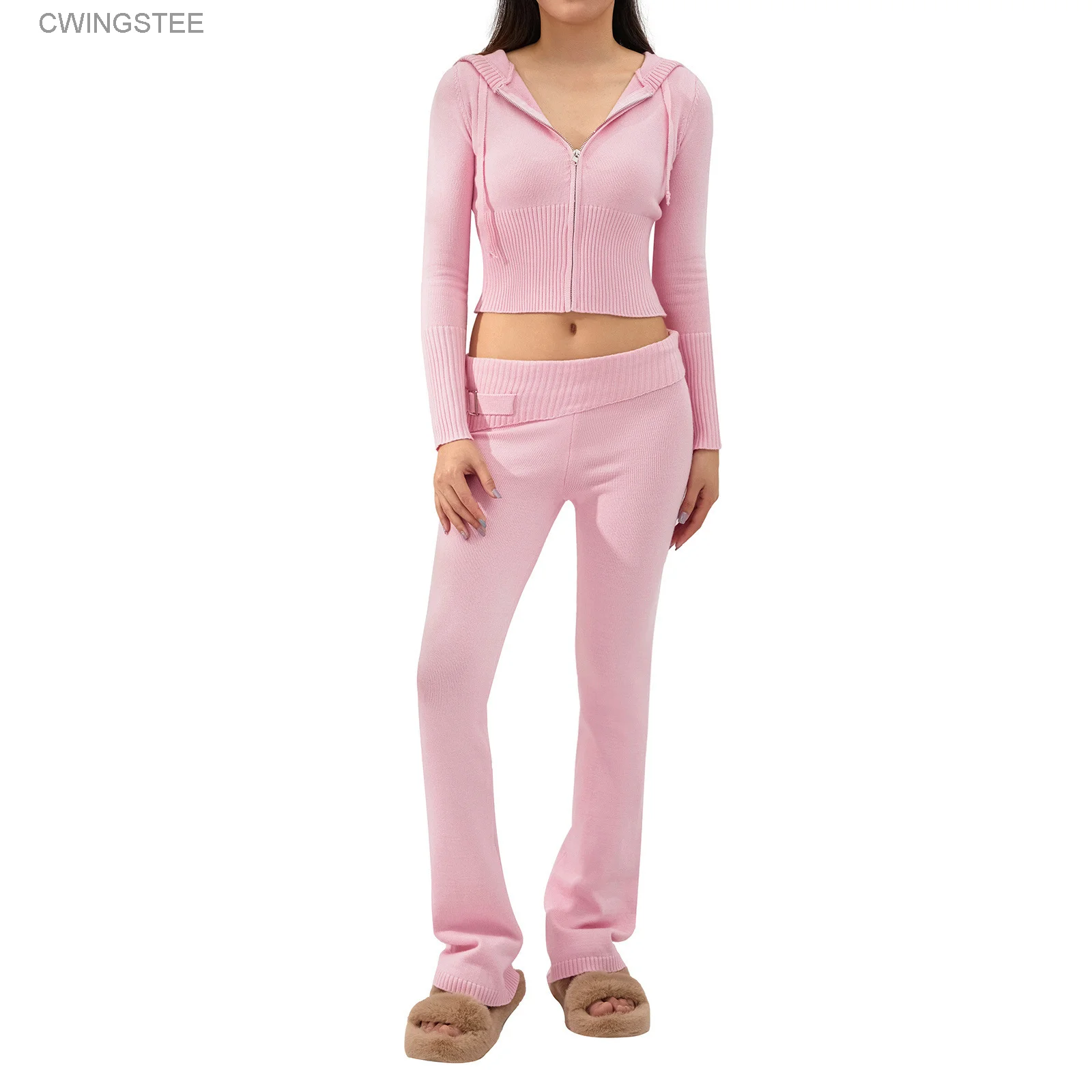 

Spring New Hoodie Cropped Top And Pants Sets High Waist Flare Pants Suits Pink Knitted Womens Y2k Two Piece Set