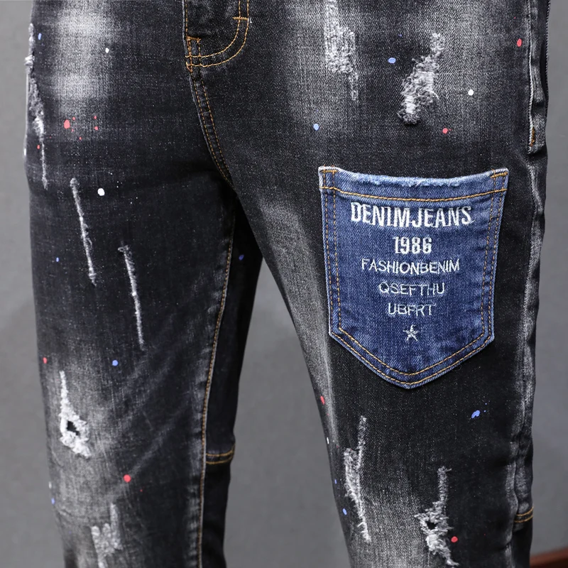 Street Fashion Men Jeans Pocket Designer Retro Black Gray Stretch Slim Fit Ripped Jeans Men Painted Hip Hop Vintage Denim Pants