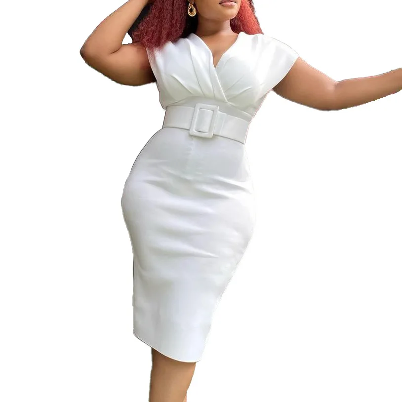 Plus Size Women Formal Dress Solid Sleeveless Belt Elegant Dress Office Lady Luxury Cloth 2022 Fall Female Extra Large Outerwear