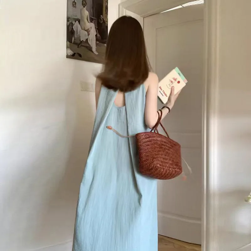 

Open Back Pleated Sleeveless Vest Dress Summer Beach Beach Vacation Long Dress Temperament Thin Loose Solid Color Gentle