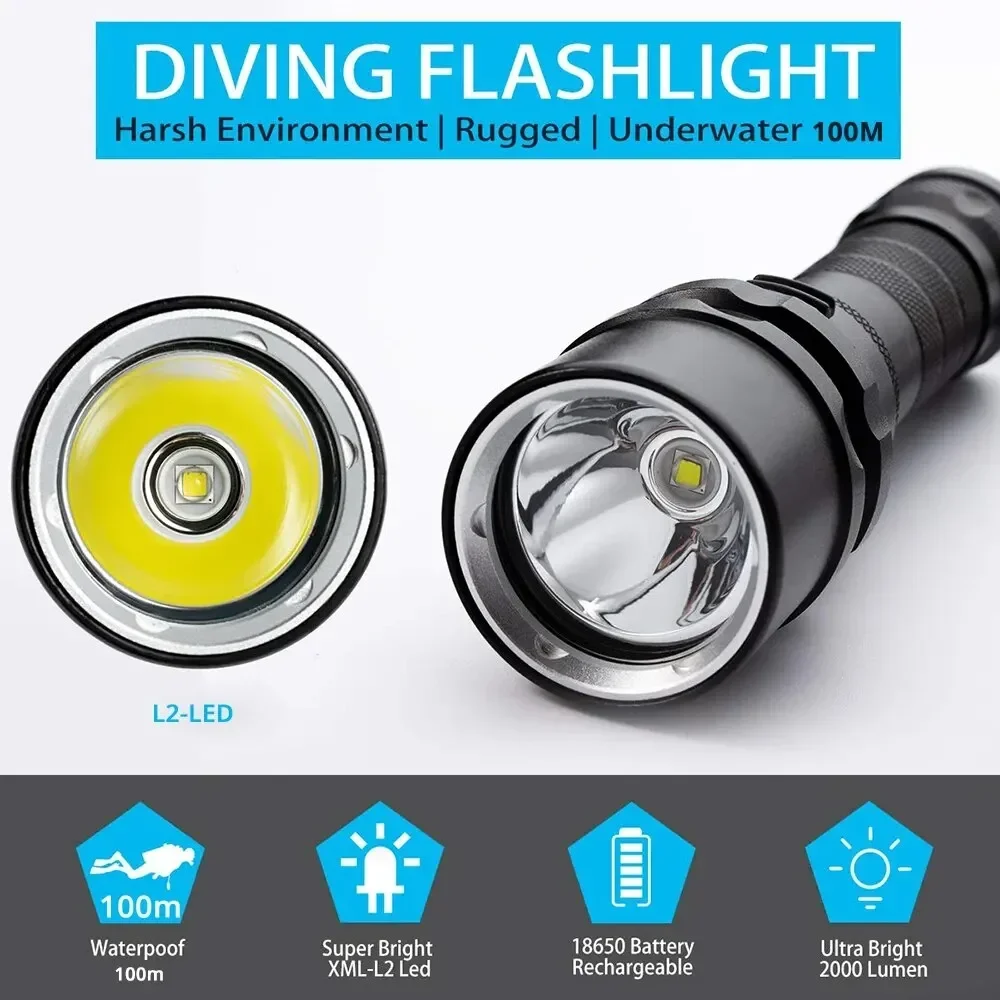 High Power Diving Flashlight IP68 Highest Waterproof Rating Professional Diving Light Powered by 18650 Battery With Hand Rope diving flashlight