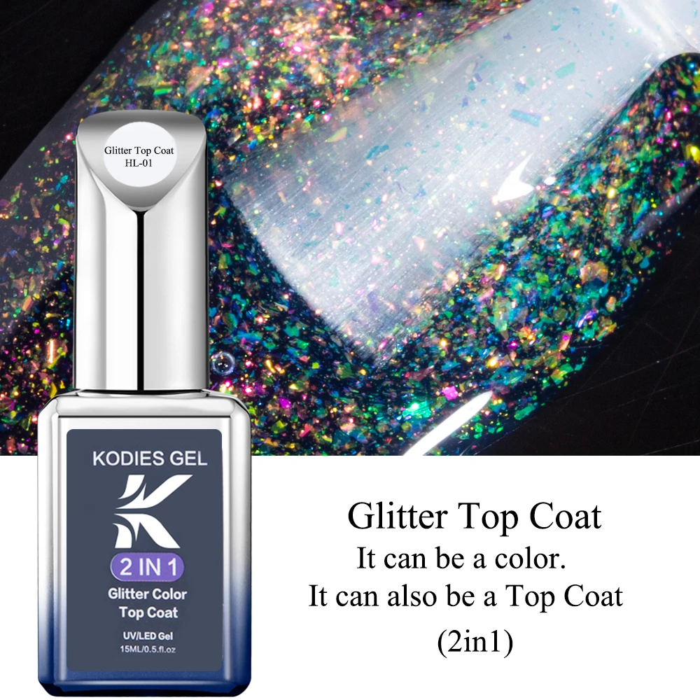 KODIES GEL Aurora Sparkle Top Coat Glitter Gel Nail Polish 2 IN 1 Chrome Pigment Shine Gel Finish Sealer Color Topcoat Nails Art 2