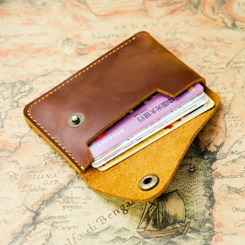 

AIGUONIU Handmade genuine leather card case, creative snap closure, zero wallet, crazy horse skin Japanese retro card bag