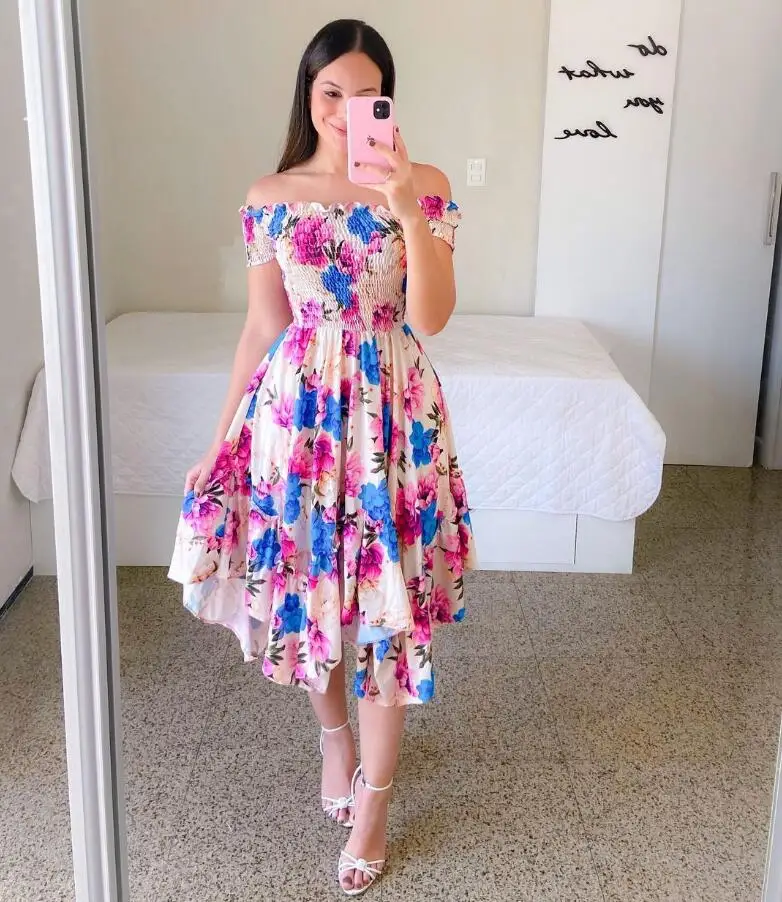 Fashion One line Neck Off Shoulder Short Sleeve Printed Dress,6 Colors