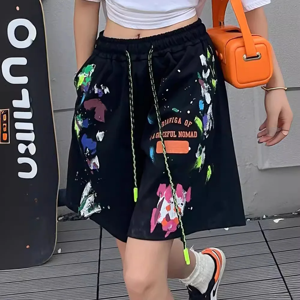 Street Splash-Ink Hand-Painted Casual Shorts Women 2024 Summer Sports Style Cotton Shorts Elastic Waist Loose Black Shorts
