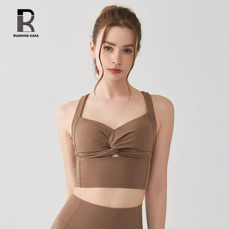 

RUNNING KAKA Women Summer Sexy Crop Top Medium Support Tight With Chest Pad Soft Workout Runing Pilates Yoga Bra