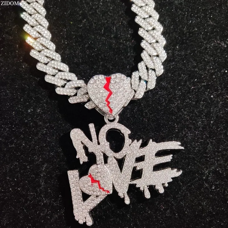 HIP HOP Iced Out No Love Heart Pendants With 13mm Miami Crystal