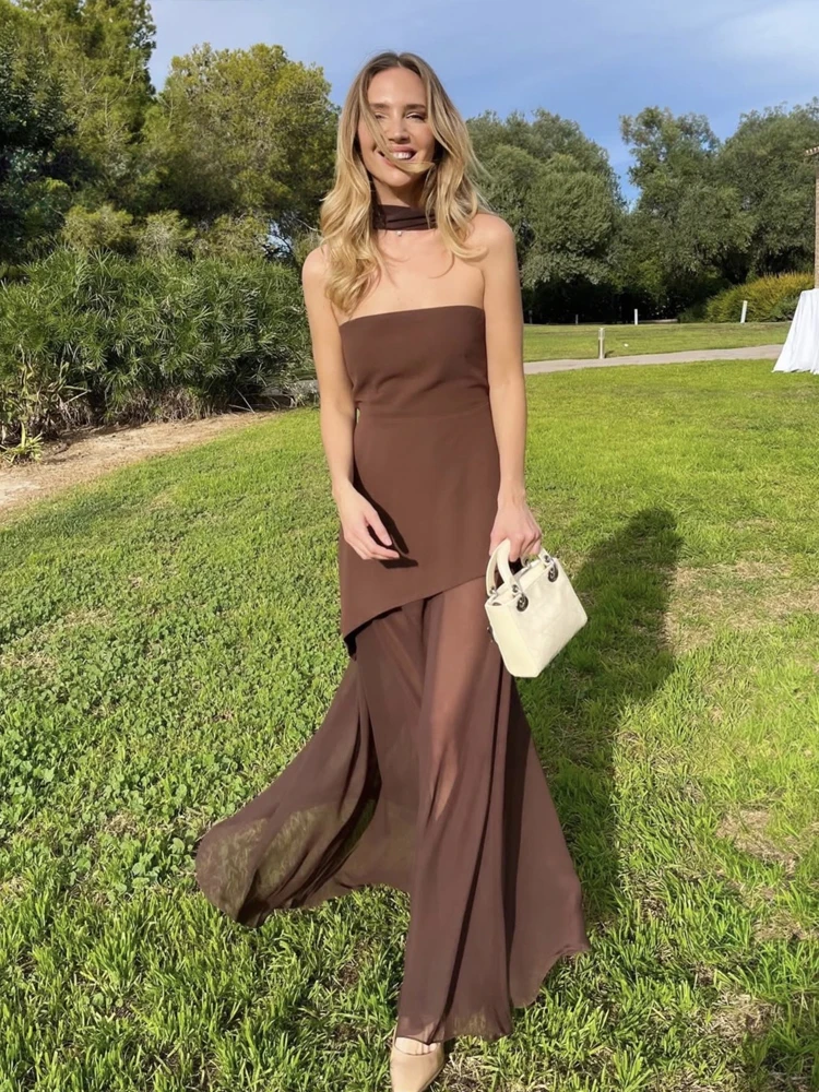 Spring and Summer Elegant Women's Tube Top Slim Dress Fashionable Solid Color Mesh Splicing Dress Off-the-shoulder Evening Dress