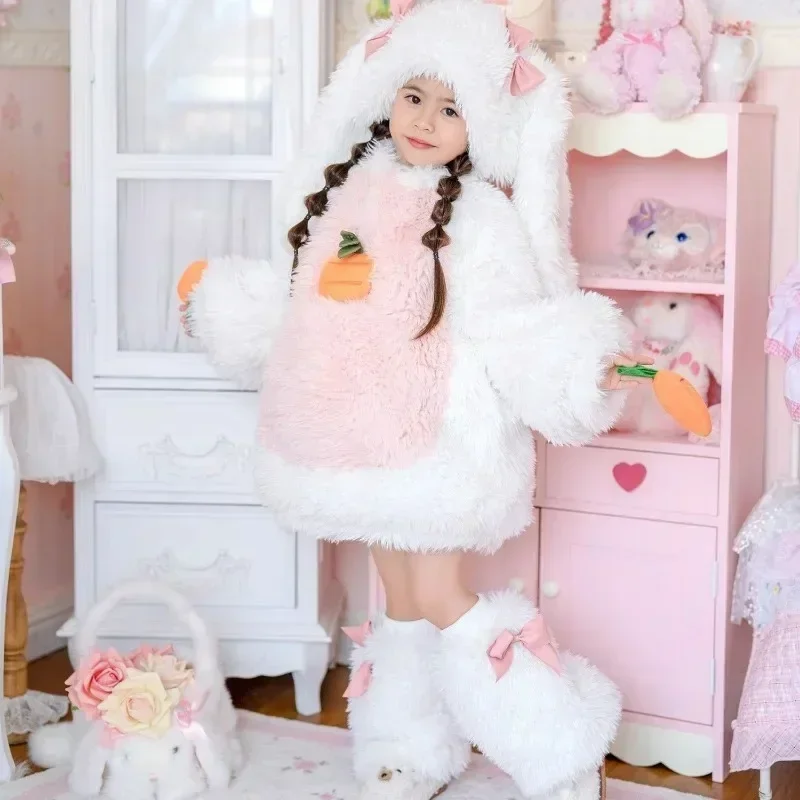 Children's Fashion Rabbit Plush Set with Bow Elements Winter New Cute Long Eared Hat Sweater Shorts Leg Set Rabbit Baby 2