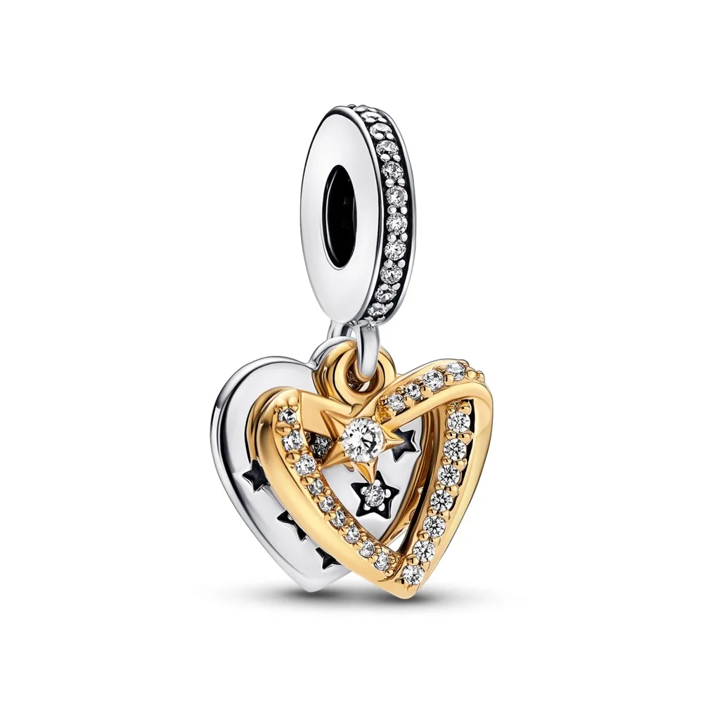 

100% 925 Sterling Silver Shooting Star Hearts Double Beads Fit Women DIY Bracelet & Bangle Crystal Charms Fine Jewelry Making