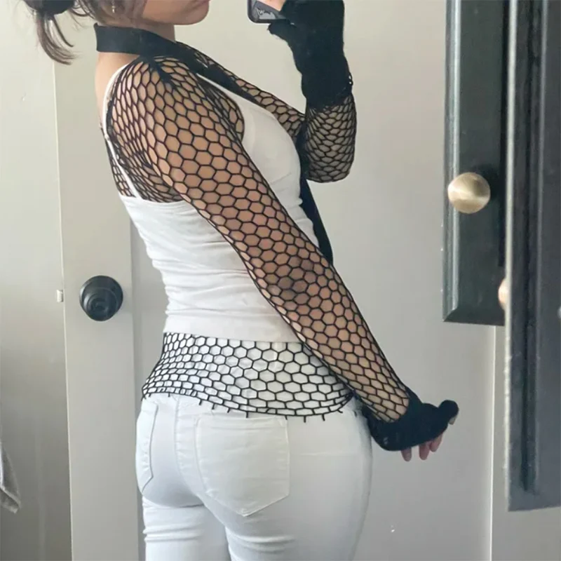 Womens Sexy Mesh Long Sleeve Fishnets Tops Fun Slim Fit Tops Hollow Out See Through Loose Female T-shirts Crop Soft Streetwear
