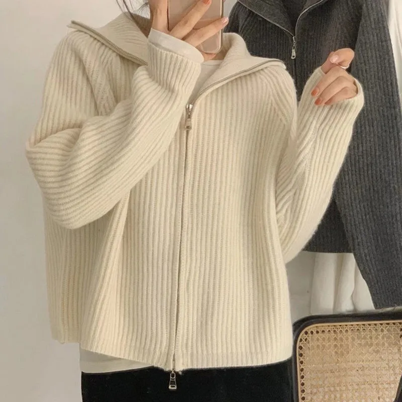 

Casual Knitted Cardigan Sweaters Women 2022 Autumn Vintage Zip-up Solid Loose Long Sleeve Tops Knitwear Chic Kpop