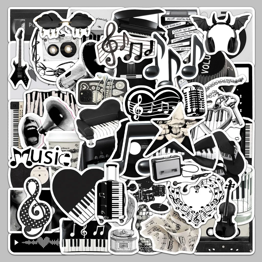50개 블랙 & 화이트 음악 INS 스타일 스티커 방수 창의적인 데칼 휴대폰 케이스, 저널용 LanLanStickersWorld Store