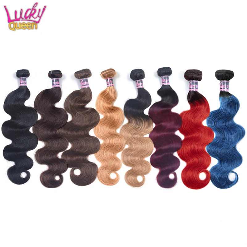 

Color 1B/2/4/27/99J/Red/Blue Ombre Bundles Lucky Queen Peruvian Body Wave Bundles Remy 30 Inch Human Hair Extensions For Women