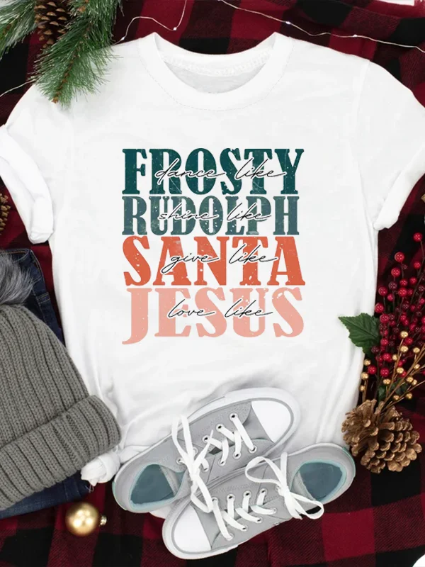 

Frosty Rudolph Santa Jesus Slogan Christmas Women T-shirt 2023 Vintage Stylish Casual Family Gathering Christmas Female Shirt