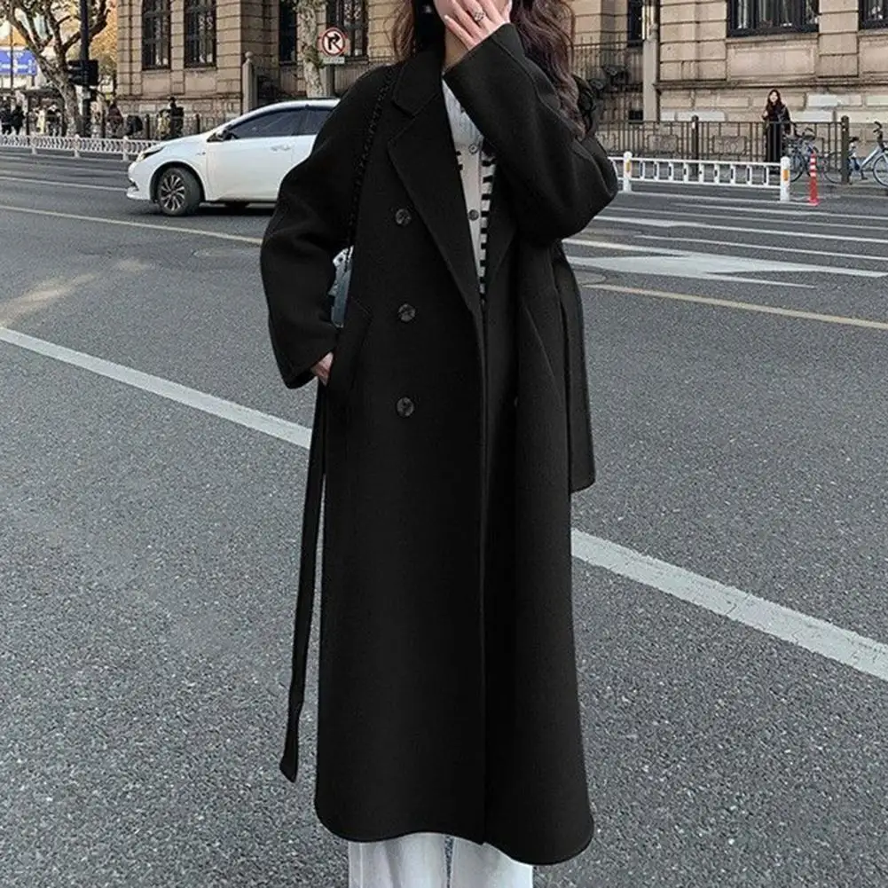 

Lace-up Waist Coat Women Fall Coat Stylish Mid-calf Length Women's Overcoat with Double-breasted Design Turn-down for Fall