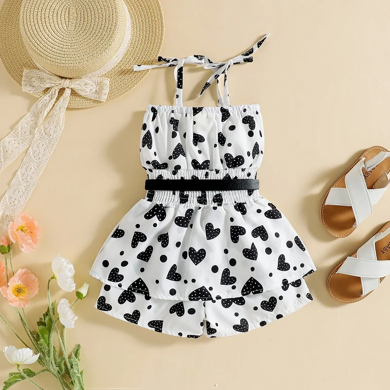 Baby Clothing Set cheap 2022 new children's belt fashion suit baby one-piece pants Summer girls' suspender love printed one-piece clothes newborn baby clothing gift set